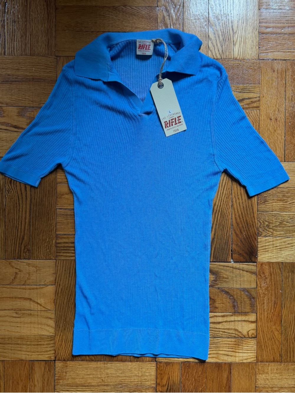 90s/Y2K Vintage Rifle Brand 70s Style Blue/Pink Hue Ribbed Knit Polo Large